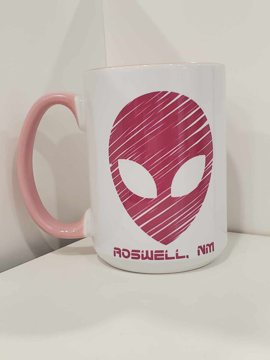 Pink Alien Head Sketch Roswell, NM 15oz Coffee Mug Pink
