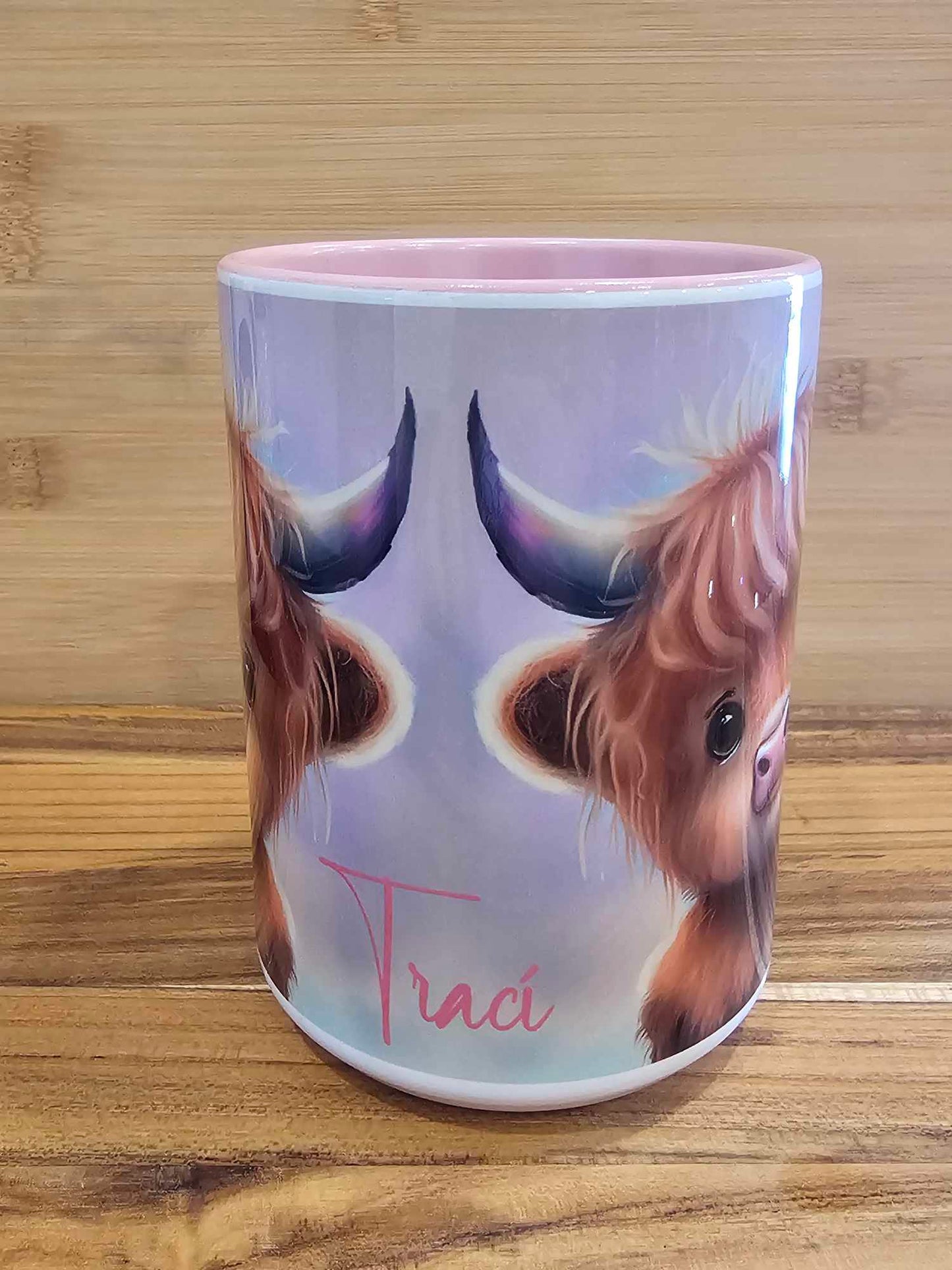 Personalized 15oz Pastel Highland Cow Mug Mirrored