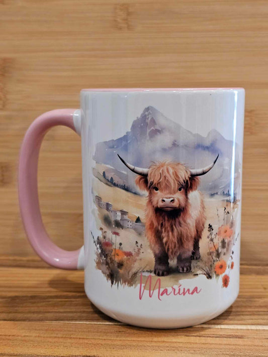 Personalized 15oz Highland Cow Mug with Mountain Scenery