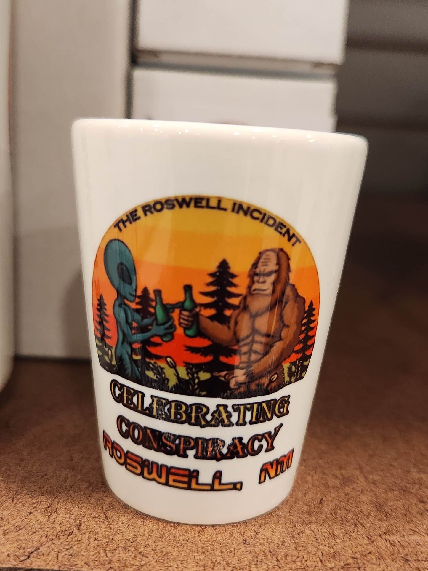 Celebrating Conspiracy - The Roswell Incident Alien Bigfoot 1.5oz Shot Glass