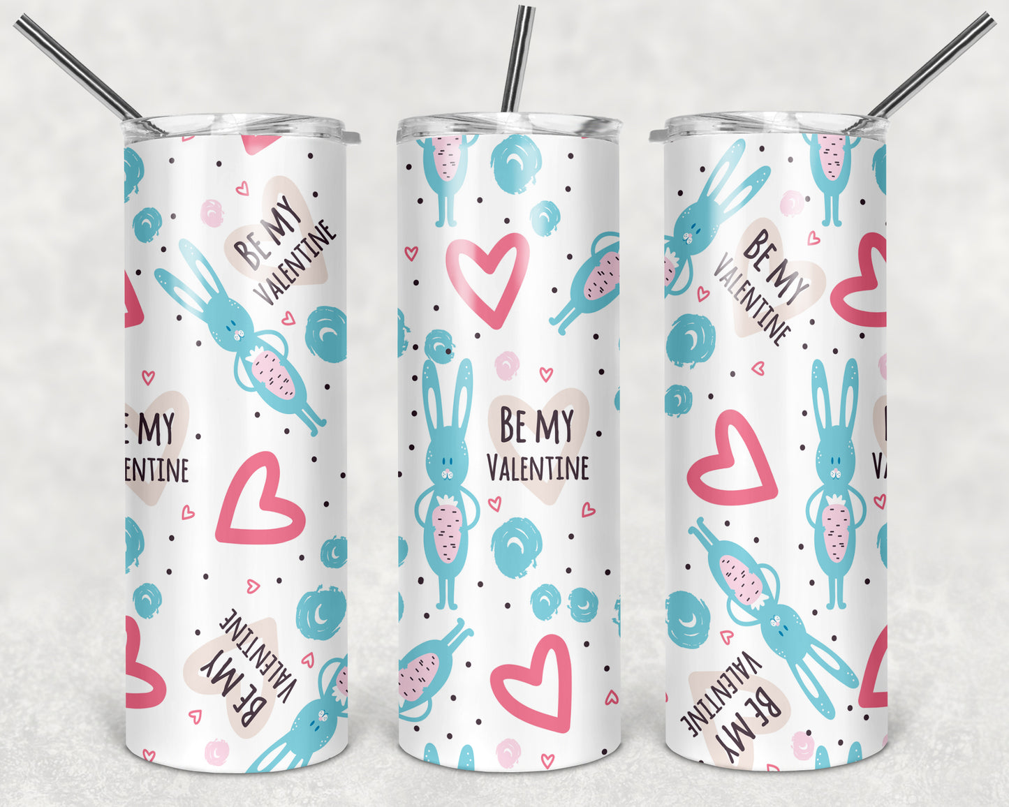 Be My Valentine Bunny Blue and Pink Hearts 20oz Skinny Tumbler