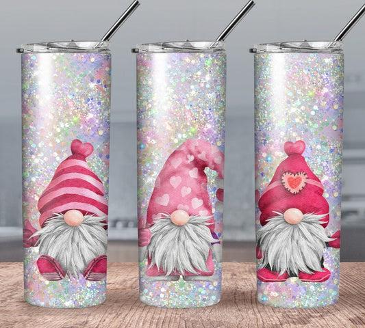 Pink Glitter Valentine Gnomes 20oz Skinny Tumbler