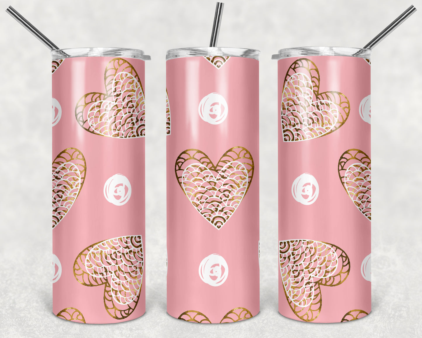 Gold and White Hearts on Pink 20oz Skinny Tumbler