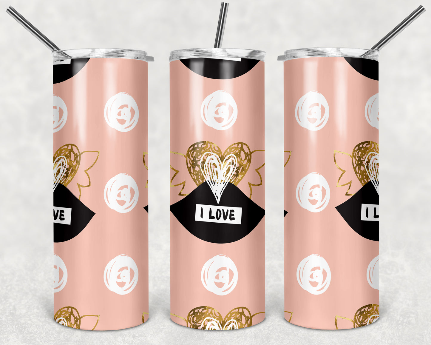 I Love Gold and White Hearts on Pink 20oz Skinny Tumbler
