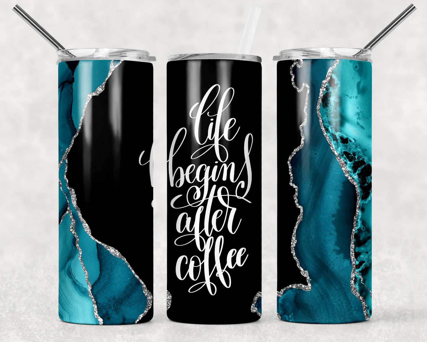 Life Begins After Coffee Black Turquoise 20oz Skinny Tumbler