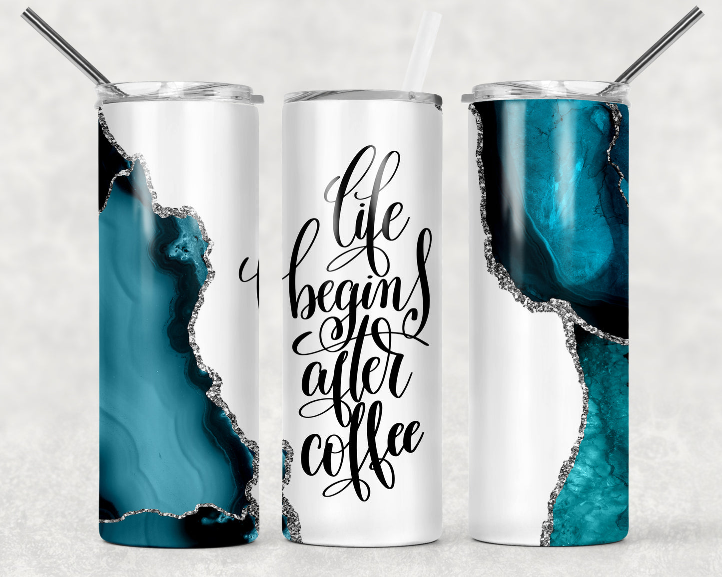 Life Begins After Coffee White Turquoise 20oz Skinny Tumbler
