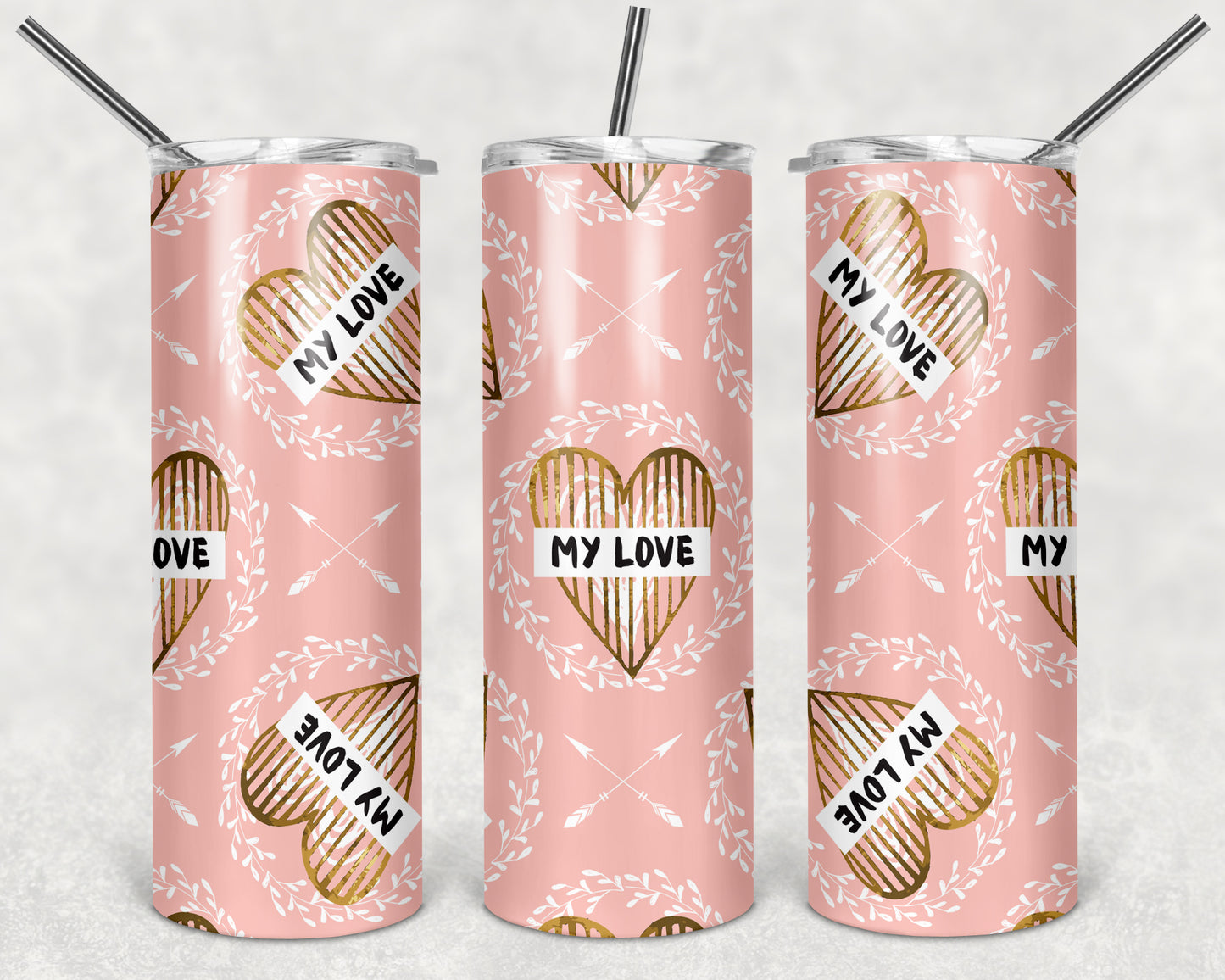 My Love Gold and White Hearts with Arrows 20oz Skinny Tumbler