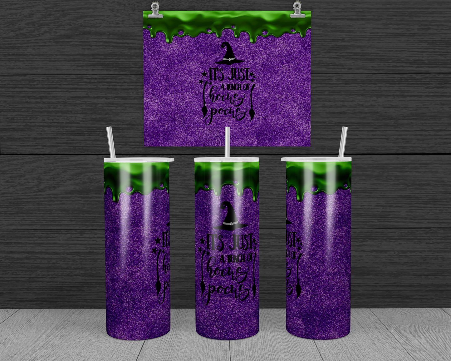 Purple Glitter with Green Drip Bunch of Hocus Pocus Halloween 20oz Skinny Tumbler
